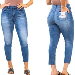 Judy Blue Distressed Back Pocket Raw Hem Jeans